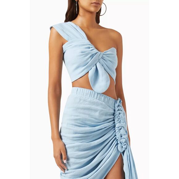 Just Bee Queen Sol Linen One Shoulder Cropped Top Twist Front Beachy Sky Sz XL - Picture 1 of 8